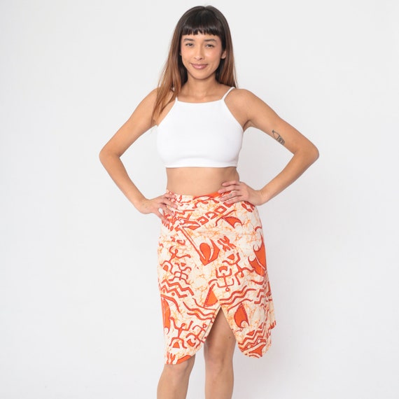 80s Wrap Skirt Tie Die Mini Skirt Orange Cream Abstract Petroglyph Print Boho Cotton Vintage 1980s tapa designs hawaii  Small Medium Large