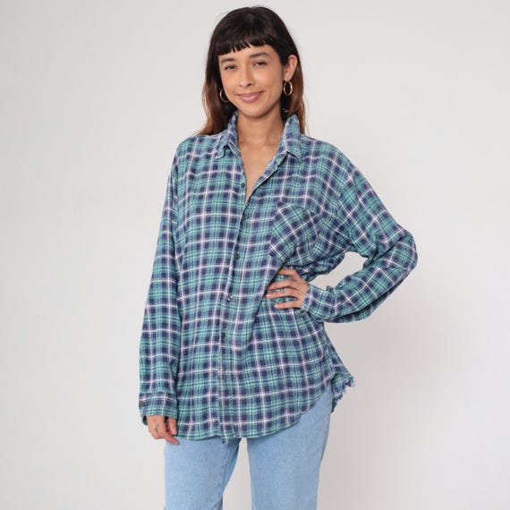 Blue Flannel Shirt 90s Grunge Green Plaid Button Up Repage Western Flannels Shirt 1990s Lumberjack Vintage Long Sleeve Medium M
