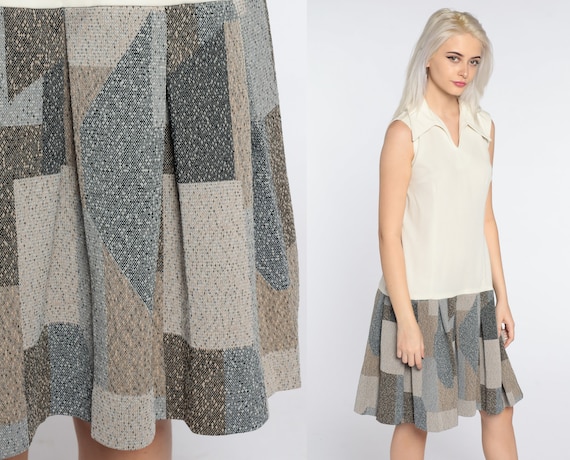 60s Mod Dress Mini SCOOTER 1960s Drop Waist Pleated Geometric Vintage Long Sleeve 70s Twiggy Green Off-White Gogo Collar Large 12