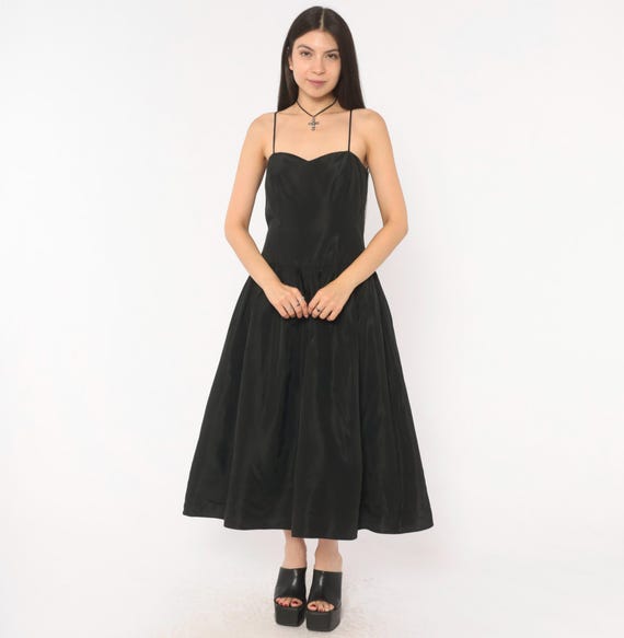 90s Black Sweetheart Dress Spaghetti Strap Drop Waist Gathered Skirt Midi Gown Formal Evening Cocktail Sleeveless Fitted Vintage Medium M