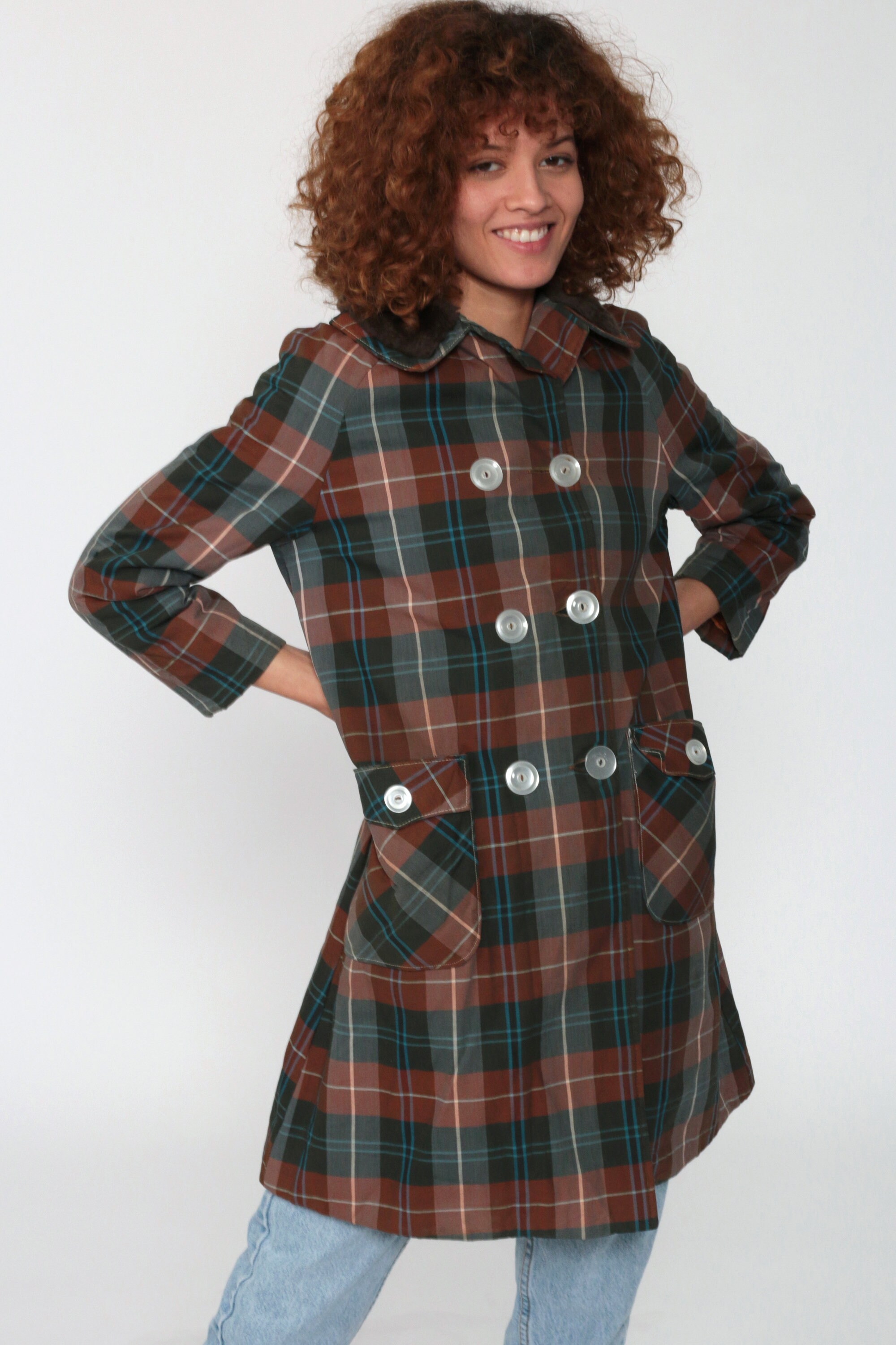 Plaid Pea Coat 70s FAUX FUR TRIM Mod Peacoat Jacket Double Breasted Brown 60s Jacket Boho 