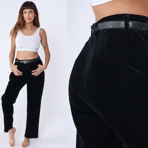 Black Velvet Pants 80s High Waisted Trousers Straight Leg Slacks Belted Simple Basic Preppy Boho Hipster Plain Vintage 1980s Medium 31