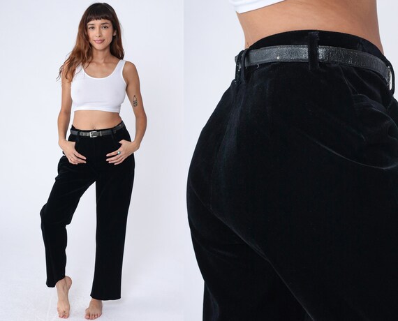 Black Velvet Pants 80s High Waisted Trousers Straight Leg Slacks Belted Simple Basic Preppy Boho Hipster Plain Vintage 1980s Medium 31