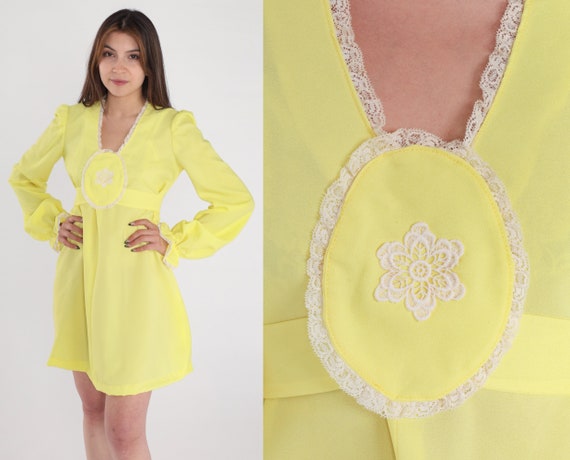 Yellow Babydoll Dress 70s Mod Mini Dress Lace Trim Long Puff Sleeve Floral Empire Waist Party Minidress Retro Darling Vintage 1970s Small S