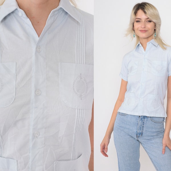 Baby Blue Shirt 80s Embroidered Guayabera Style Pastel Pintuck Button Up Shirt Vintage Collared 1980s Retro Short Sleeve 2xs xxs