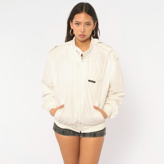 80s Members Only Jacket White Harrington Bomber Zip Front Cotton Epaulette Stand Collar Cafe Racer Coat Unisex Windbreaker Vintage Medium M