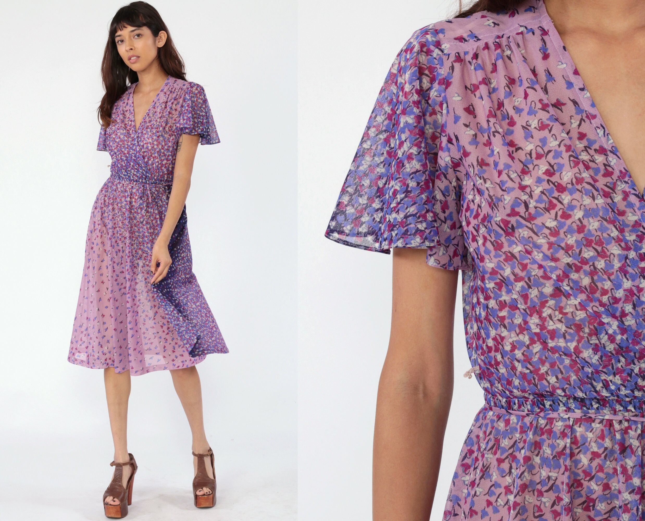 purple floral wrap dress