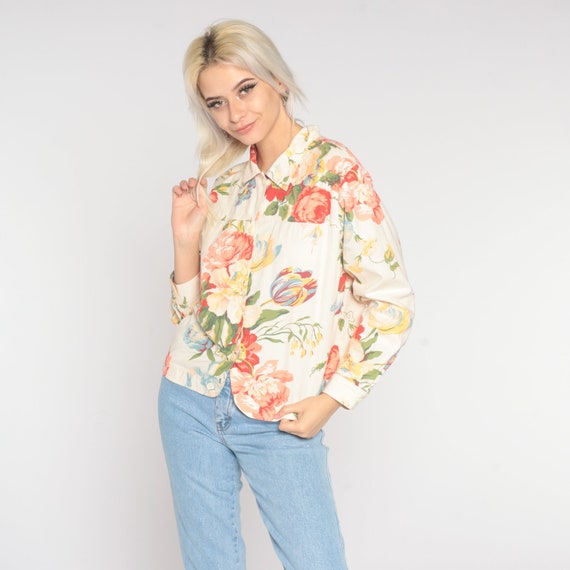 Floral Button Up Shirt Cream Y2K Blouse Boho Long Sleeve Collared Top Retro Flower Print Hippie Bohemian Vintage 00s Orange Medium Petite