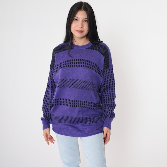 Vintage Purple Striped Sweater 80s Wool Blend Pullover Knit Sweater Grid Print Retro Crewneck Basic Black 1980s Small Medium