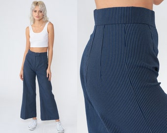 Pinstripe Trousers 70s Wide Leg Bell Bottom Pants Navy Blue White Striped Boho Hippie Mid Rise Bohemian Vintage 1970s Extra Small xs 25
