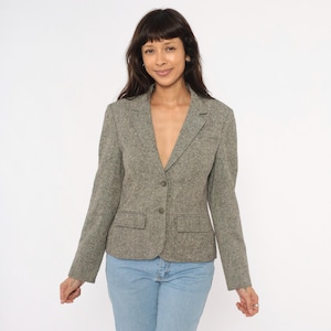 Blazer Pendleton de tweed de los 80, chaqueta de lana gris, espiga, moteada, ajustada a la cintura, bolsillos en la cadera, estilo académico, color carbón ceniza, abrigo vintage, talla S