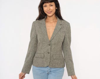80s Pendleton Tweed Blazer Grey Wool Jacket Herringbone Speckled Fleck Fitted Waist Hip Pockets Academic Charcoal Ash Vintage Coat Small S