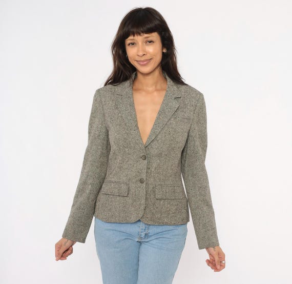 80s Pendleton Tweed Blazer Grey Wool Jacket Herringbone Speckled Fleck Fitted Waist Hip Pockets Academic Charcoal Ash Vintage Coat Small S