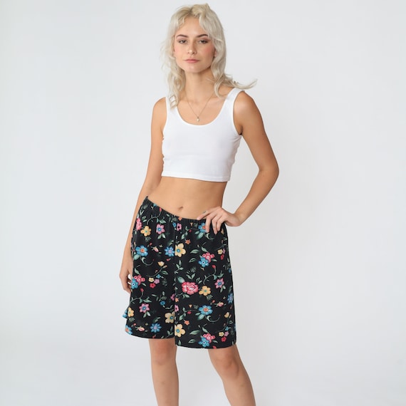 Black Floral Shorts -- 90s Wide Leg Shorts Bermuda High Waisted Retro Elastic Waist Baggy 1990s Cotton Blend Vintage Mom Shorts Small Medium
