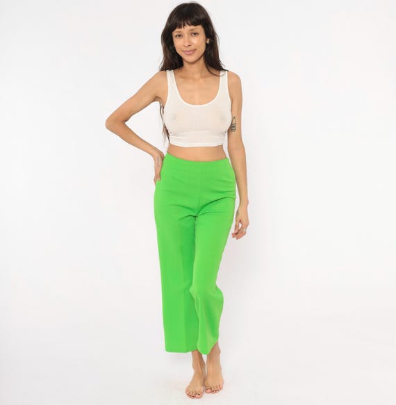 70s Lime Green Cropped Pants High Waist Wide Leg Trousers Neon Chartreuse Flare Ankle Length Kelly Apple Bright Vintage Womens Small S