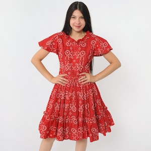 Vintage Cottagecore Dress Red Handkerchief Print Square Dance Dress Country 70s Flutter Sleeve Midi Ruffled Tiered Western Small S