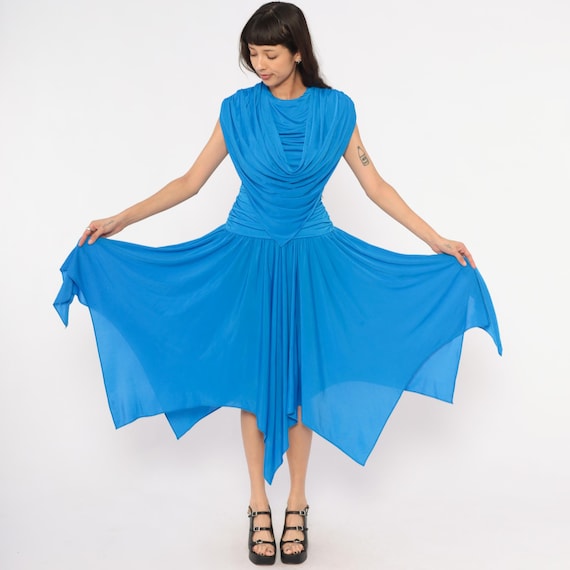 80s Draped Dress Cowl Neck Hem Open Back Sleeveless Grecian Blue Cobalt Gathered Waist Avant Garde Party Eccentric Frock Vintage Small S