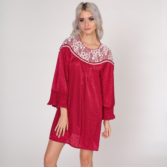 Red Mini Dress 70s Lace Bib Dress Embossed Leaf Print Long Sleeve Tent Dress Retro Trapeze Boho Party White Floral Vintage 1970s Medium