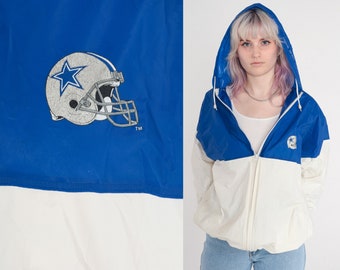 Dallas Cowboys Jacket 90s Football Hoodie Rain Jacket NFL Hooded PVC Raincoat Texas Blue White Color Block Vintage 1990s Extra Large xl