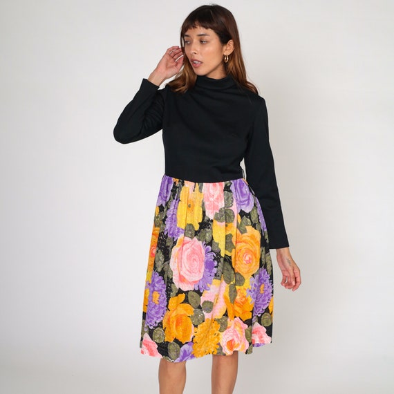 70s Dress Metallic Floral Midi Dress Black Turtleneck Long Sleeve Retro Boho Secretary Sparkly Hippie Flower Print Vintage 1970s Medium M