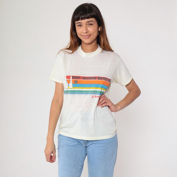 San Diego 10K Run Shirt 80s Yellow Rainbow Stripe Heart Race Vintage Marathon Colorblock Graphic Souvenir Running Track California Large L