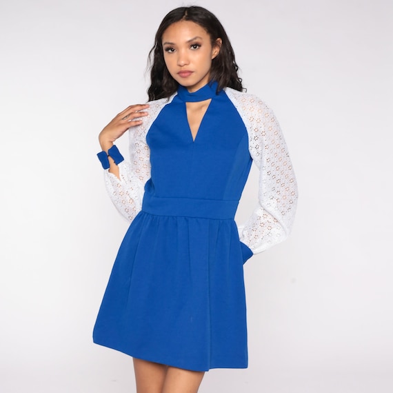 Choker Collar Dress 70s Mini Dress Mod Party Dress Lace Floral Puff Sleeve Royal Blue High Wiast 1970s Vintage Boho MiniDress Small Medium