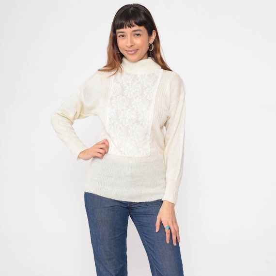 Cream Lace Sweater 70s 80s Mock Neck Boho Sweater Acrylic Wool Knit Sweater Bohemian Sweater 1980s Pullover Vintage Jumper Extra Small xs