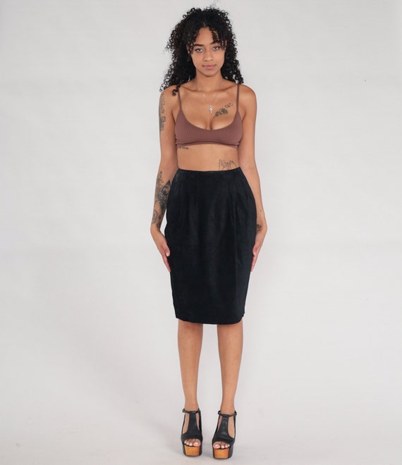 Black Suede Skirt 90s Leather Midi Skirt Suede Pencil Skirt Retro Silky Pig Suede High Waisted Wiggle Skirt Vintage 1990s Small