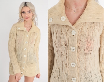 Cream Cable Knit Cardigan 70s Button Up Sweater Wool Blend Vintage Retro Fisherman Sweater Grandpa Pockets Cableknit 1970s Small