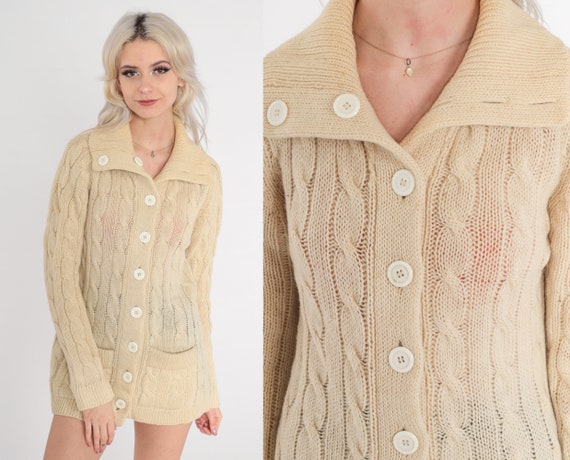 Cream Cable Knit Cardigan 70s Button up Sweater Wool Blend Vintage Retro  Fisherman Sweater Grandpa Pockets Cableknit 1970s Small - Etsy