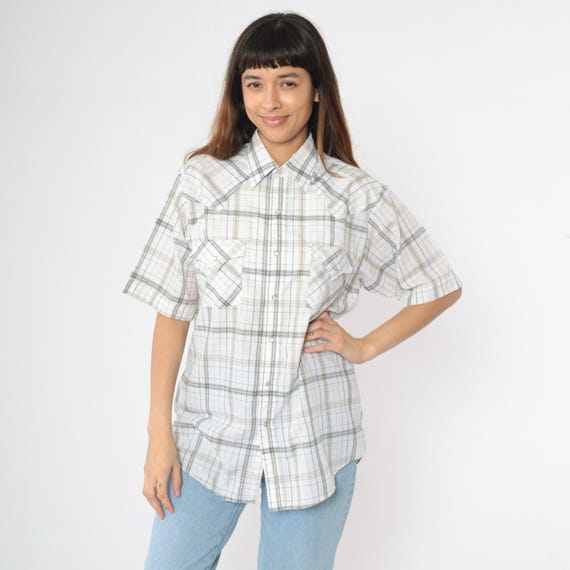Vintage Plaid Pearl Snap Shirt 90s White Western Checkered Button Up Short Sleeve Collared Rodeo Plains Western Wear 1990s Men's Medium M
