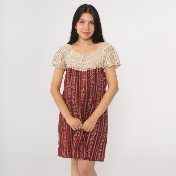 70s Floral Crochet Mini Dress Vintage Boho Peasant Burgundy Striped Dress 1970s Tunic Tent Bohemian Short Sleeve Hippie Dress Medium M