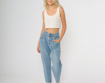 Lee Jeans 80s Vintage High Waisted Mom Jeans Light Blue Wash Tapered Leg Cotton Denim Pants Slow Fashion Conscious Small 26 S