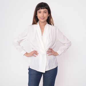 White Blouse 90s Double Breasted Button Up Long Sleeve Top Plain V Neck Retro Preppy Secretary Blouse Vintage 1990s Oversized Small 4