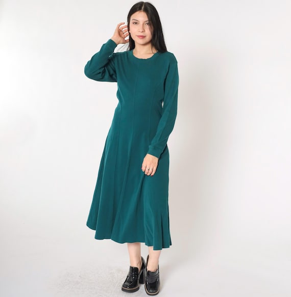 Vintage Teal A-Line Dress 90s Green Midi Dress Long Sleeve Day Dress Simple Basic Plain Minimalist 1990s Princess Seam Petite Small