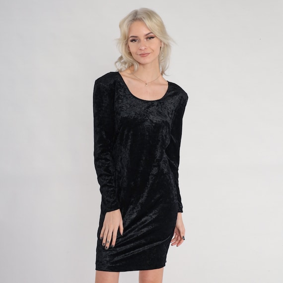 Black Velvet Dress 90s Party Dress All That Jazz Long Sleeve Mini Sheath Pencil Evening Simple Chic Minidress Going Out Vintage 1990s Medium