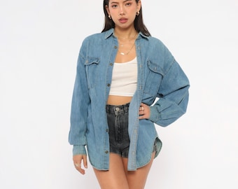 Camisa vaquera de los 90 con botones, estampado Mississippi River Blues, lavado claro, bolsillo en el pecho, blusa grunge de chambray azul vaquero, cuello, manga larga, talla M