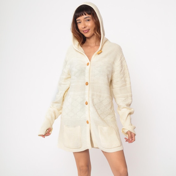 80s Cream Knit Hooded Cardigan Longline Button Front Cable Textured Acrylic Sweater Coat Slouch Fit Pocketed Cozy Knitwear Large L