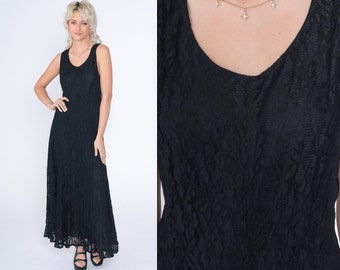 Black Lace Dress 90s Maxi Dress Sleeveless Criss Cross Long Boho Party Gothic Glam Formal Cocktail Evening Vintage 1990s Nostalgia Large L