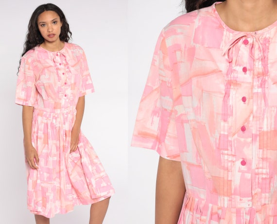 60s Day Dress Pink Watercolor Geometric Dress 1960s Midi Shirtdress Tea Length Button Up Shirtwaist Pleated Vintage Short Sleeve Large L