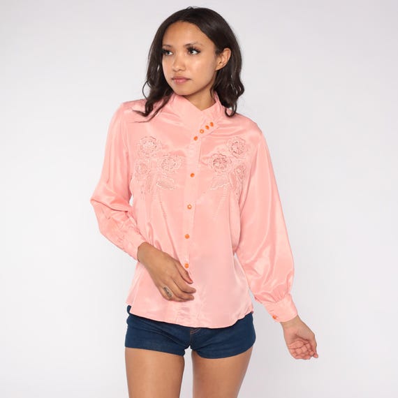 80s Embroidered Blouse Pink Cutwork Floral Long Sleeve Button Down Collar Power Dressing Professional Office Medium M 8