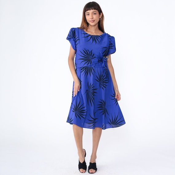 80s Tropical Dress Palm Leaf Print Wrap Midi Tulip Puff Sleeve Blue Boho High Waisted 1980s Vintage Summer Casual Franky B Large L