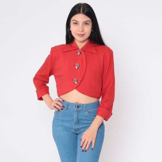 Red Cropped Blazer Jacket 60s Wool Rhinestone Button up Jacket Mod Jackie O Preppy 3/4 Sleeve Mad Men Suit Jacket Vintage 1960s Small S