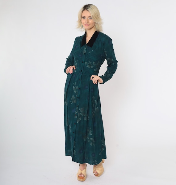 Vintage Floral Grunge Dress 90s Dark Teal Velvet Collar Rayon Button Up Boho Ankle Length Maxi 1990s Bohemian Long Sleeve High Waist Large