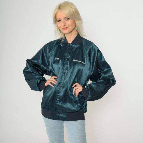 90s Satin Bomber Jacket Bible Missionary Institute 90s Baseball Jacket Scott Snap Up Uniform Shiny Dark Blue Coat Religious Vintage Medium