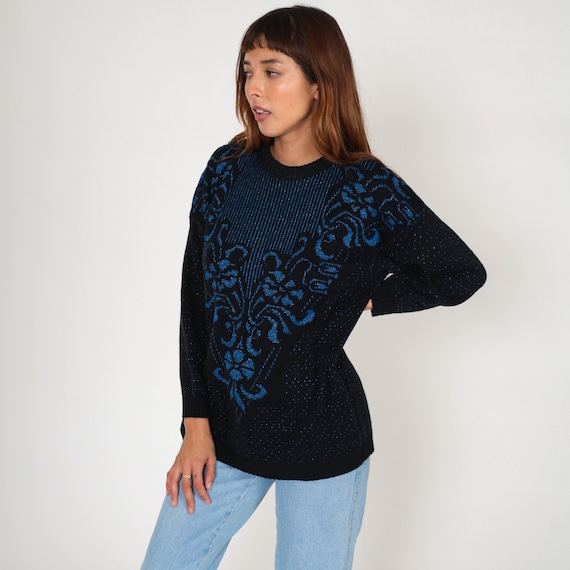 Glitter Floral Sweater 80s Metallic Knit Pullover Sweater Black Blue Sparkly Flower Print Retro Boho Glam Vintage 1980s Acrylic Medium M