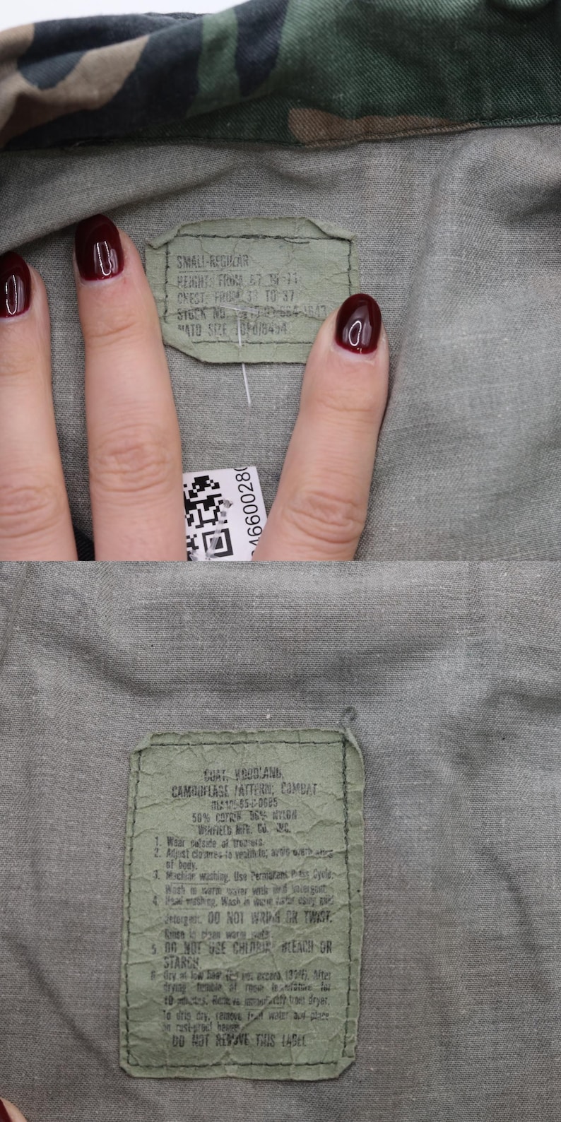 May include: A green camouflage fabric label with instructions for washing and care. The label reads "US Woodland Camouflage Pattern, Combat 12175-65-00685 50% Cotton 35% Polyester 15% Nylon, Wash inside out, Adjust closures to ventilate, Machine washing, Use permanent press cycle, Wash in warm water with mild soap, Tumble dry low, Do not wring or twist, Do not use chlorine bleach or starch, Do not remove this label."