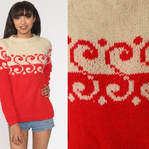 70s Ski Sweater Red Cream Letter S 80s Acrylic Sweater 70s Raglan Sleeve Sweater Vintage Winter Geometric Jumper Small Medium