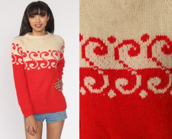 70s Ski Sweater Red Cream Letter S 80s Acrylic Sweater 70s Raglan Sleeve Sweater Vintage Winter Geometric Jumper Small Medium
