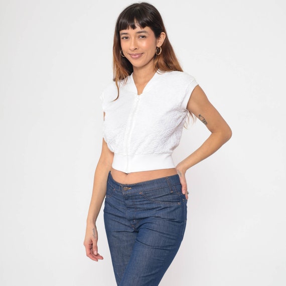 White Crop Top 80s Textured Terry Cloth Swirl Print T Shirt Zip Up Shirt Retro Cap Sleeve Blouse Short Sleeve Top Retro Vintage 1980s Small